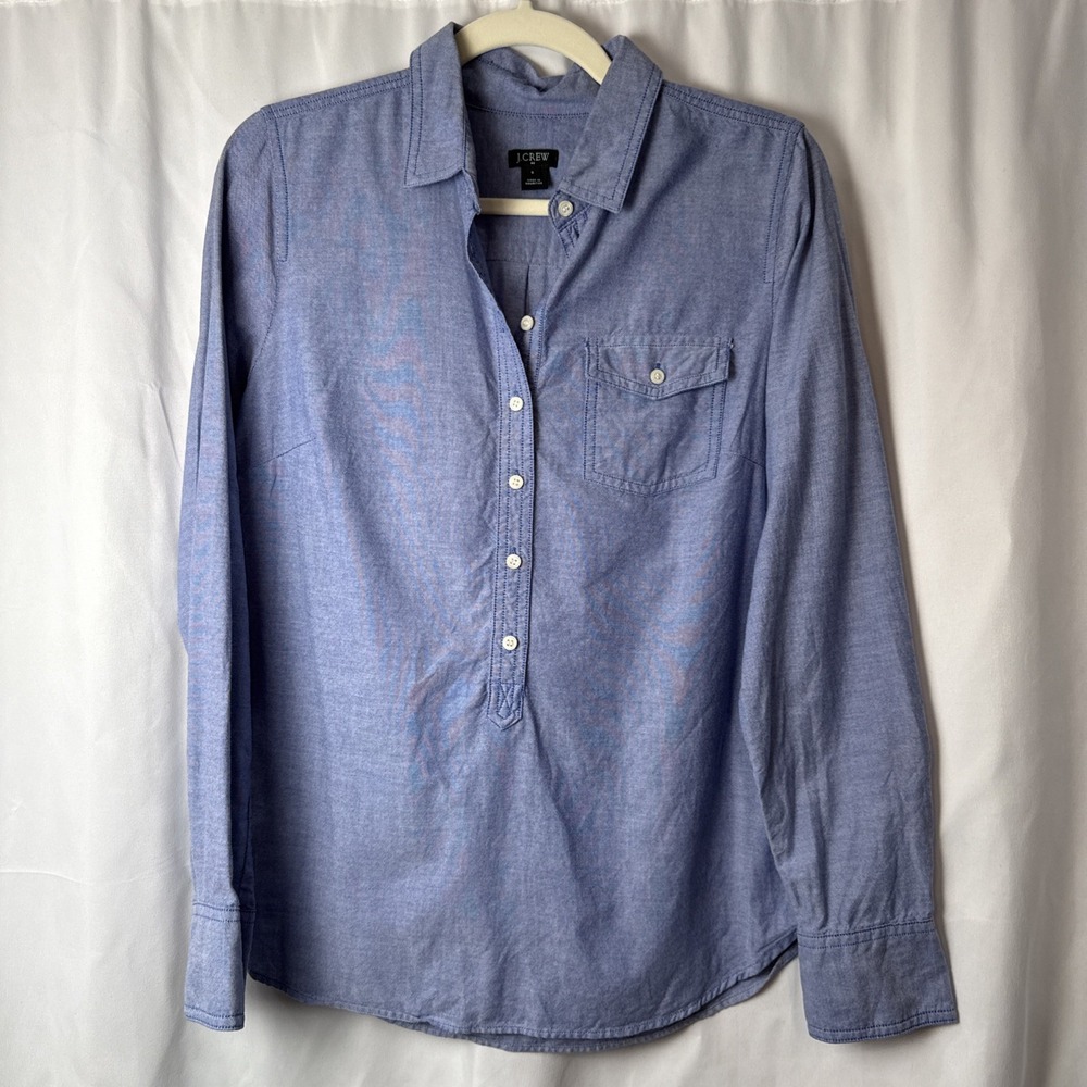 J. Crew Factory Chambray Button Blouse Top Blue Small Cotton Long Sleeve Pocket